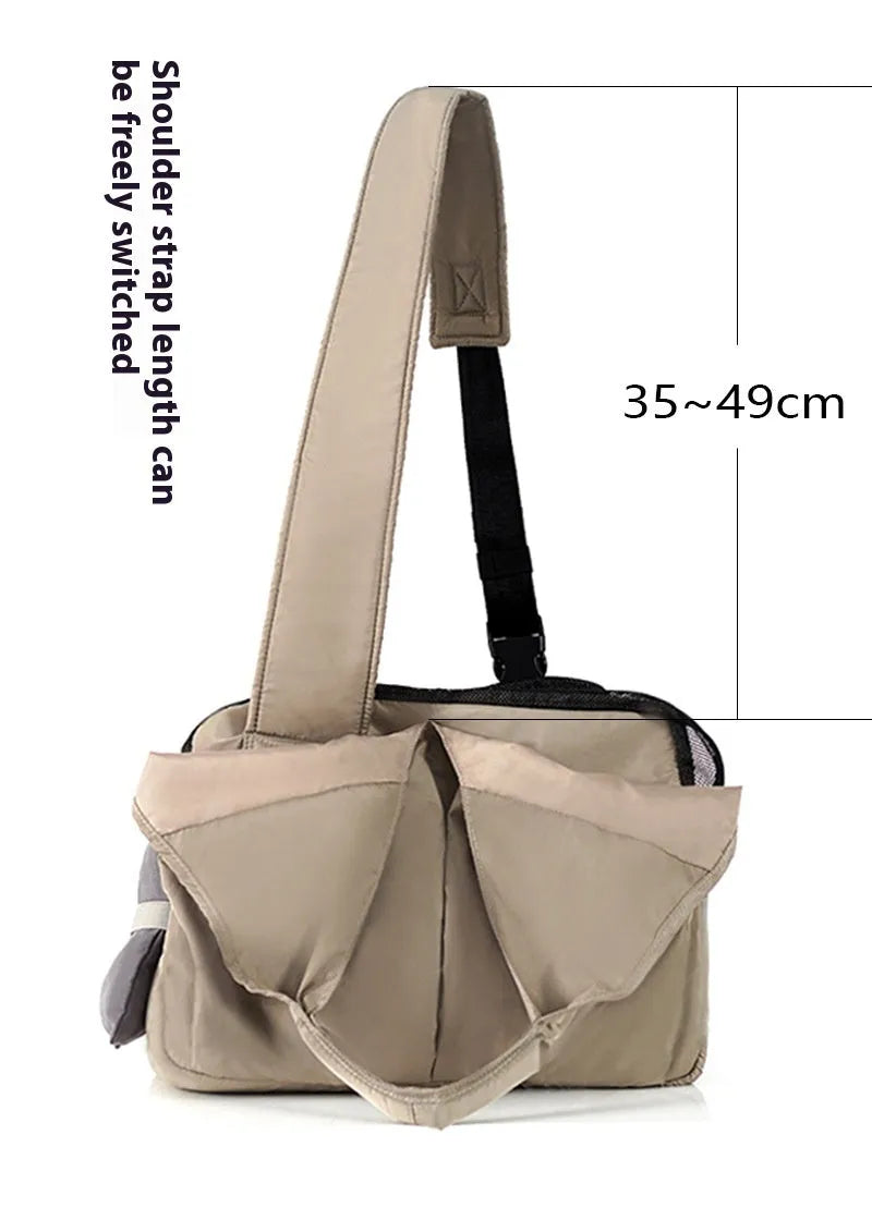 Apricot cloth pet handbag with dimensions 41x16x28cm showing adjustable straps and breathable fabric construction