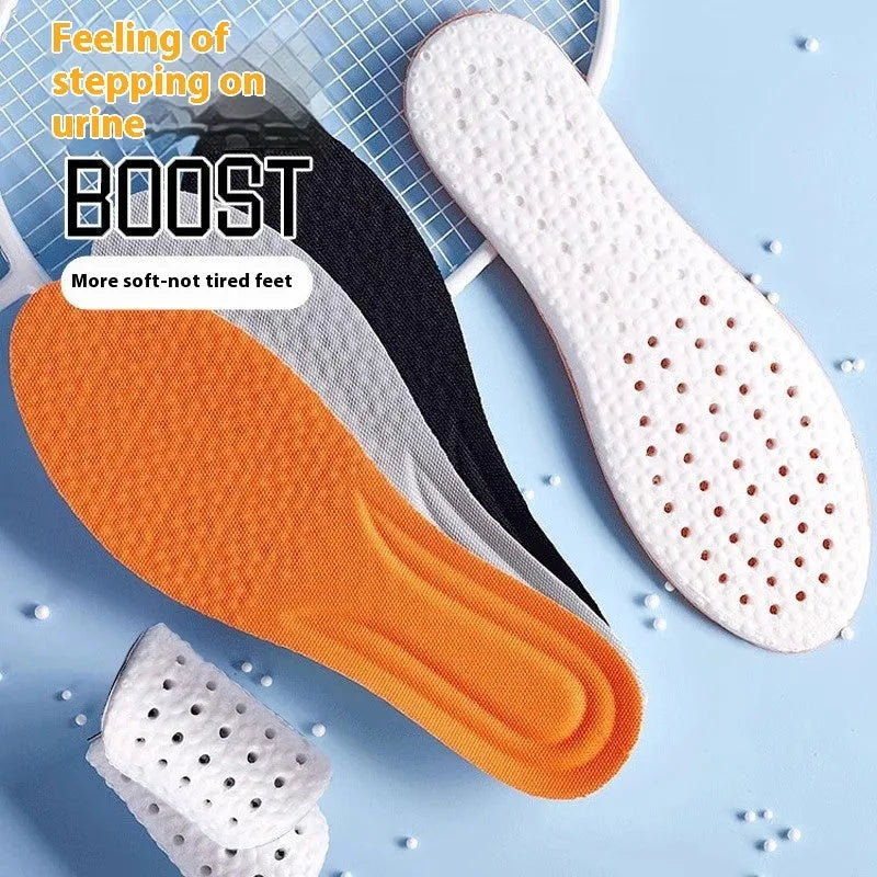 Breathable deodorant sports insoles in grey, black, or orange, with high elasticity and custom sizing for UK 35-46.