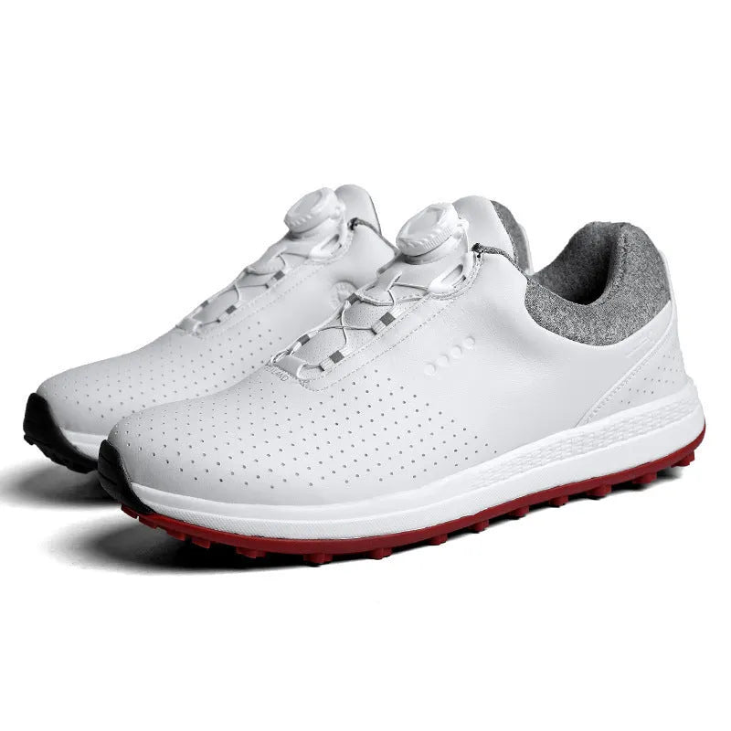 Men's white low-top casual golf shoe with breathable holes and non-slip rubber sole.