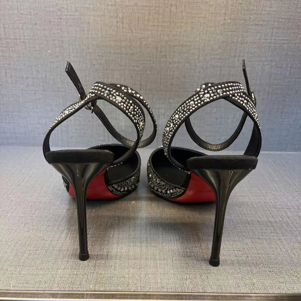 Women's hollow high heels with stiletto heel, pointed toe, and red sole in silver and black colours