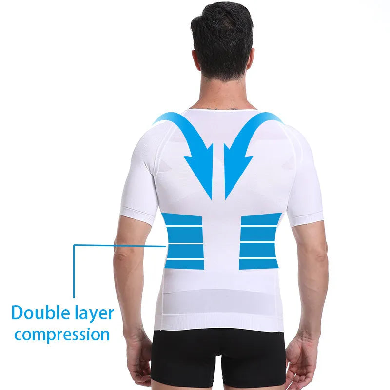 Men's nylon vest shapewear body toning T-shirt in black, blue, or white, sizes M to XXL, 57cm length