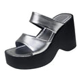 Women's wedge platform slippers in black with square toe and PU upper
