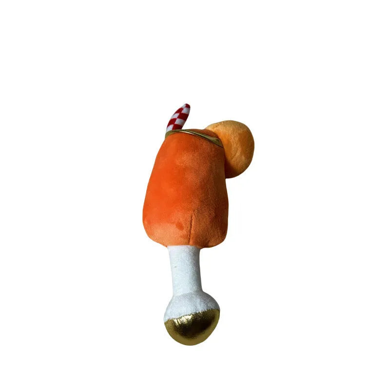 Yellow plush beer bottle dog toy with squeaker on white background