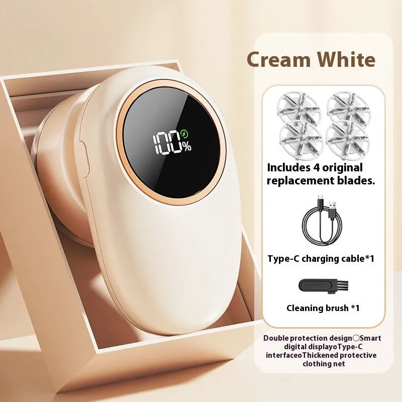Beige and purple handheld fur ball trimmer with digital display and multiple cutter heads for pet hair removal