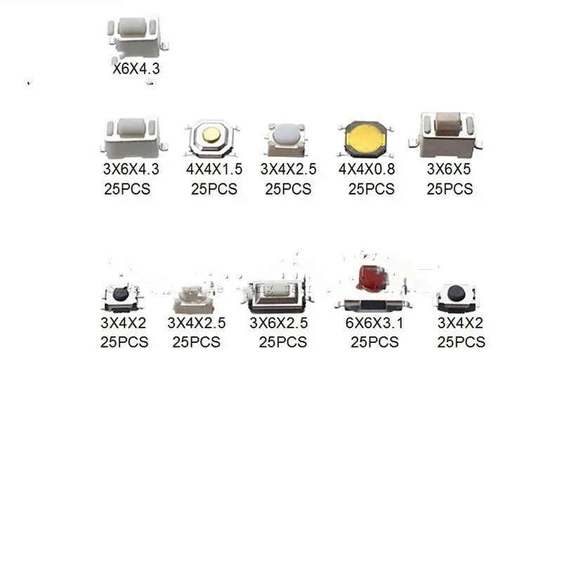 Box containing 250 SMT surface mount patch button switches for electronics assembly.