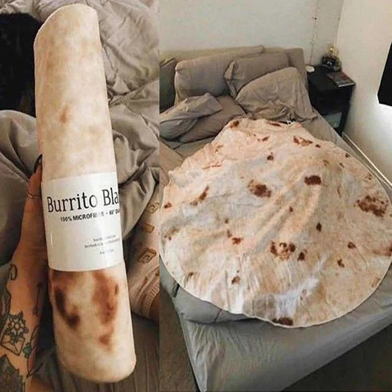 Flannel burrito blanket with food-themed print, showing soft microfiber fleece texture and round or rectangular shape options