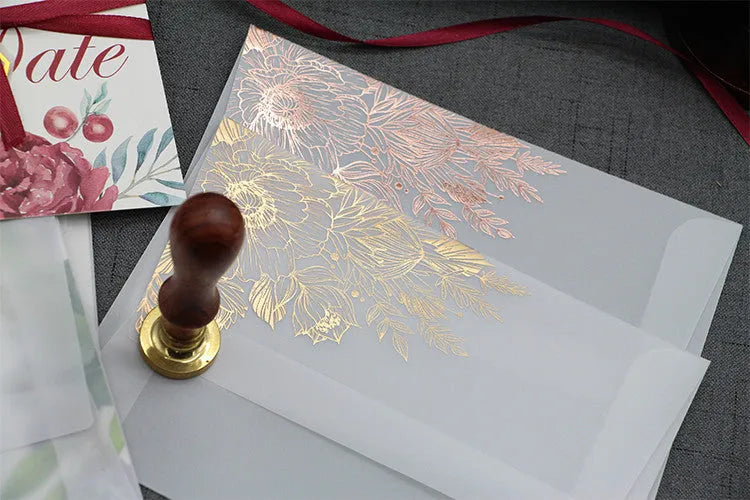 Sulphuric acid paper invitation cards with bronzing matte varnish in gold and rose gold colours