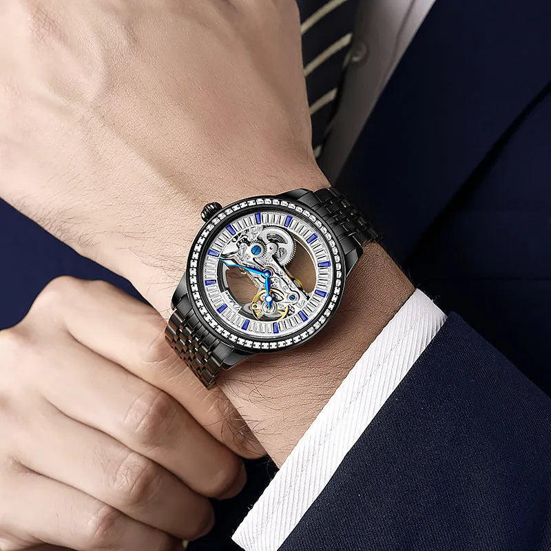 Men's luxury zircon waterproof mechanical watch with onion crown and transparent case back on wrist