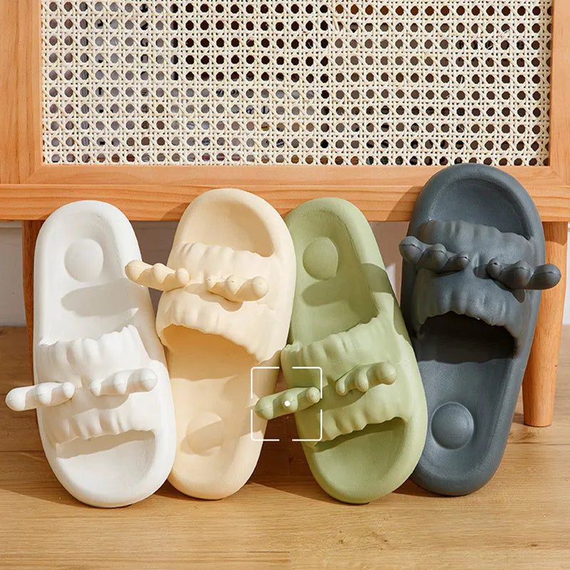 Deer horn pattern flip flop slippers with hollow-out EVA upper and GOOD YEAR non-slip soles in light yellow colour