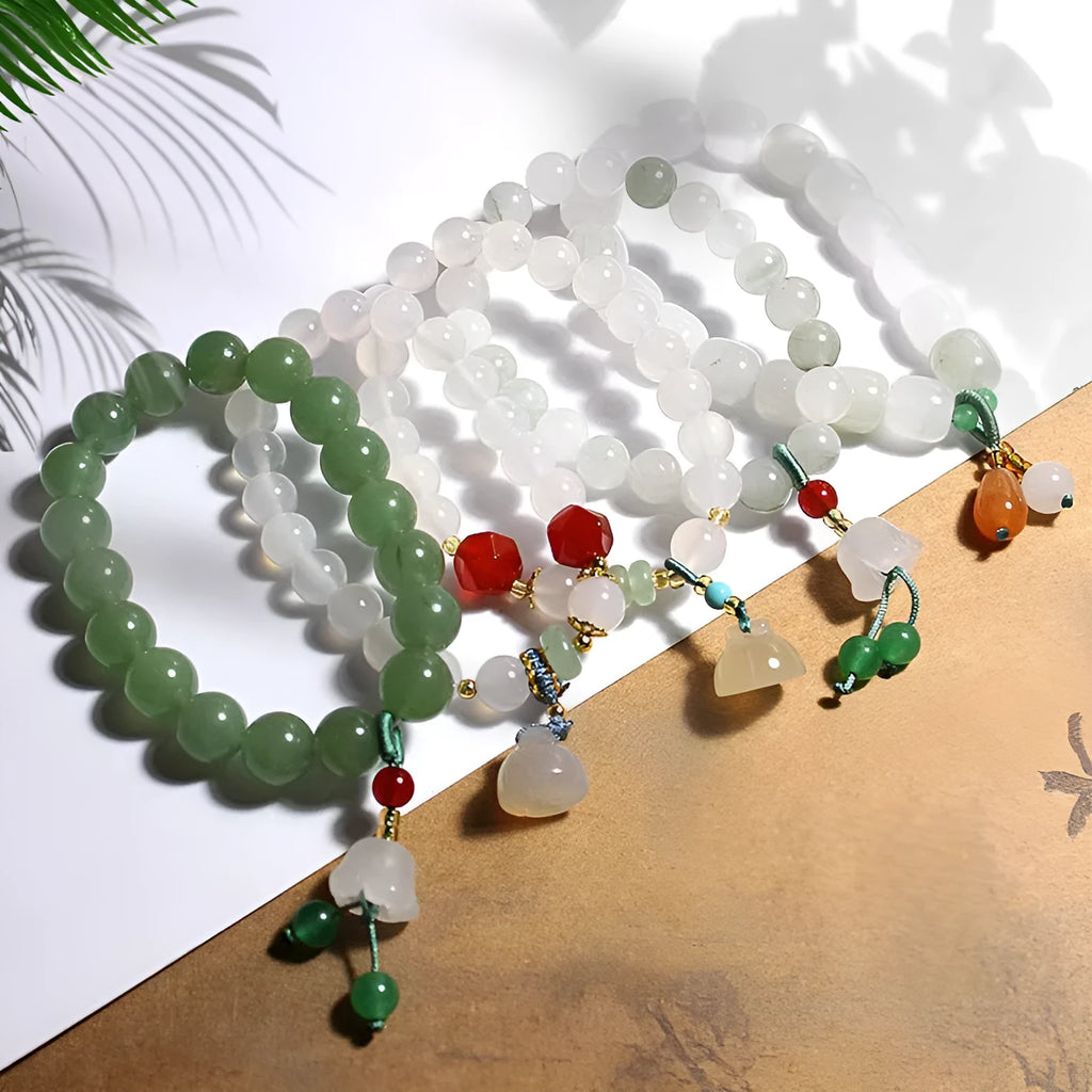 Hand-woven natural white agate bracelet with Chinese lotus seedpod design and 10mm geometric beads