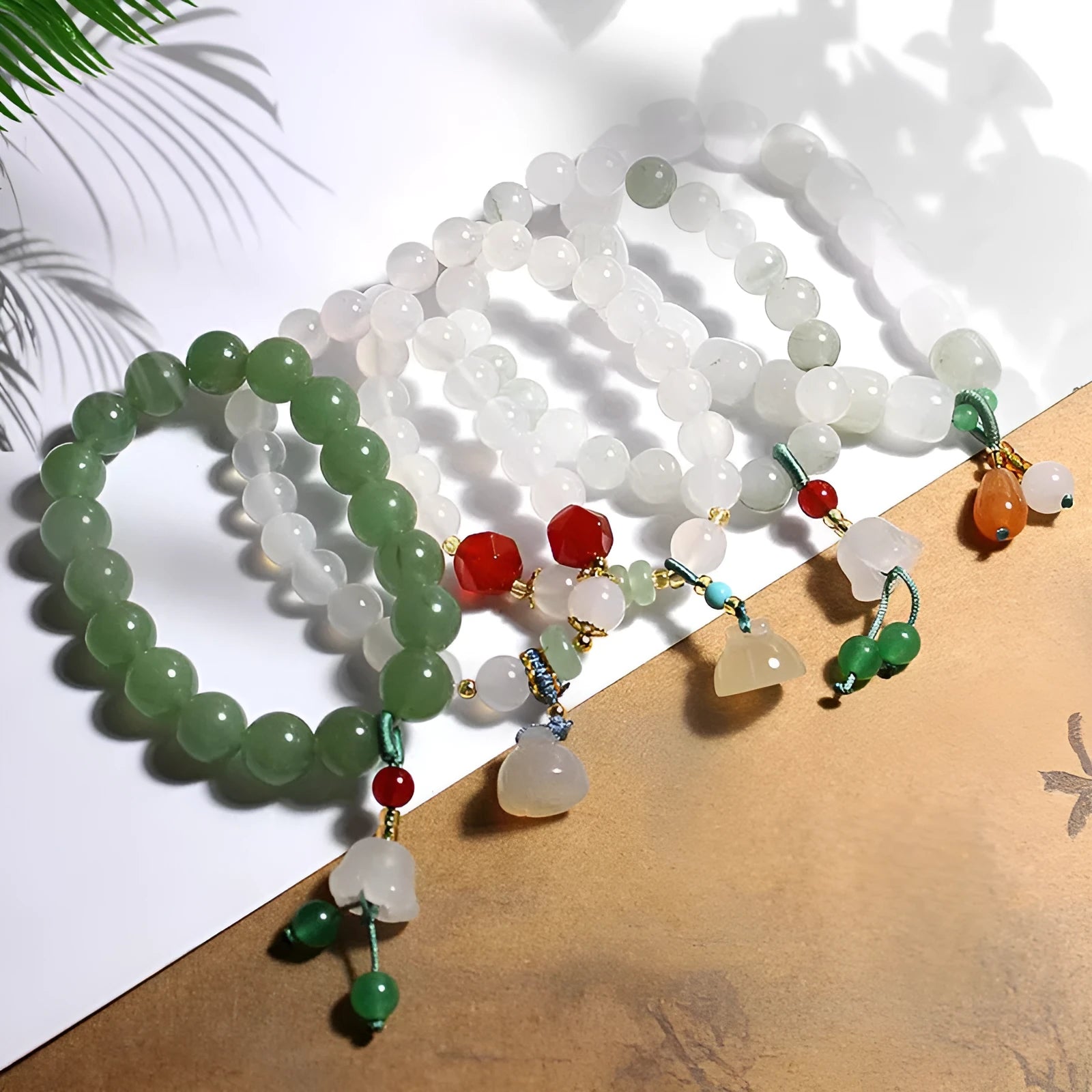 Hand-woven natural white agate bracelet with Chinese lotus seedpod design and 10mm geometric beads