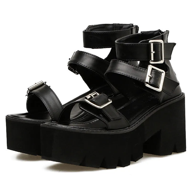 Black women's punk Harajuku style sandals with chunky heel, thick bottom, back zipper, and buckle detail
