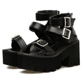 Black women's punk Harajuku style sandals with chunky heel, thick bottom, back zipper, and buckle detail
