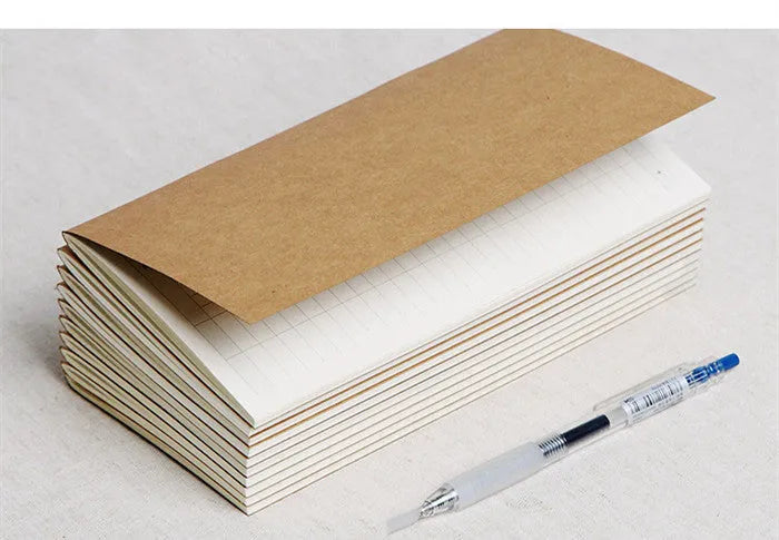 Cowhide diary refill inner core showing 11x21cm size and saddle stitch binding