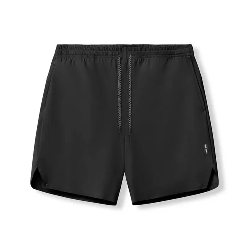 Men's grey seamless sports shorts with knee-length straight leg design and quick-dry fabric