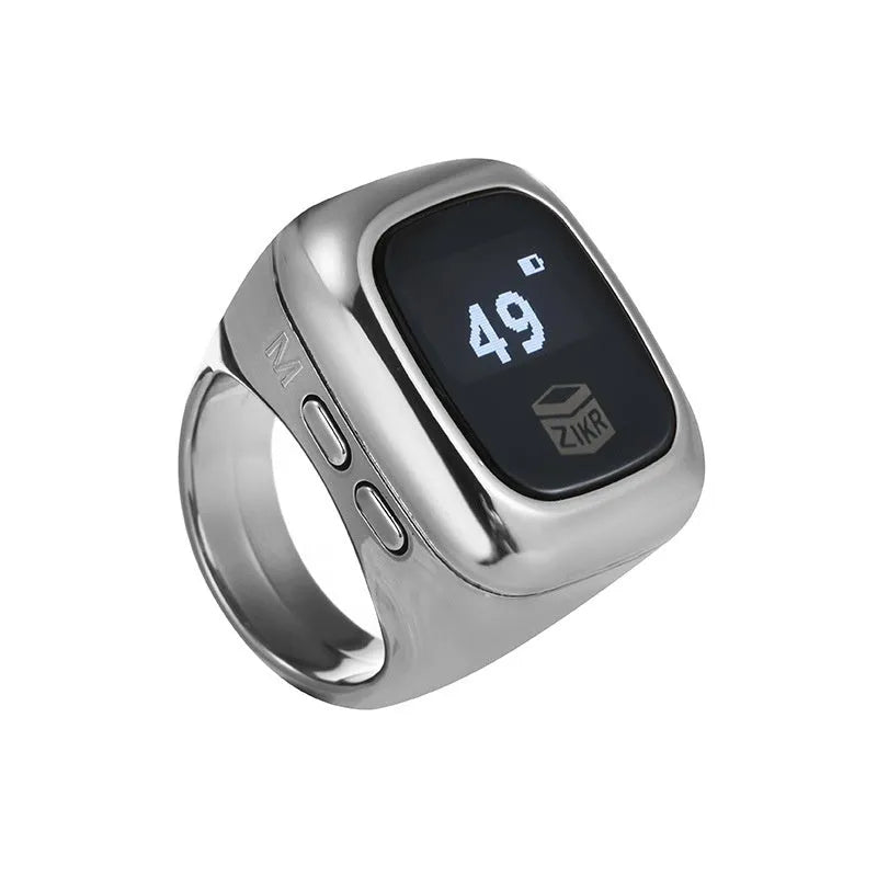 Al-fatiha Zikr electronic counter on wrist with digital display showing count, available in black, space grey, rose gold, silver, wine red, green.