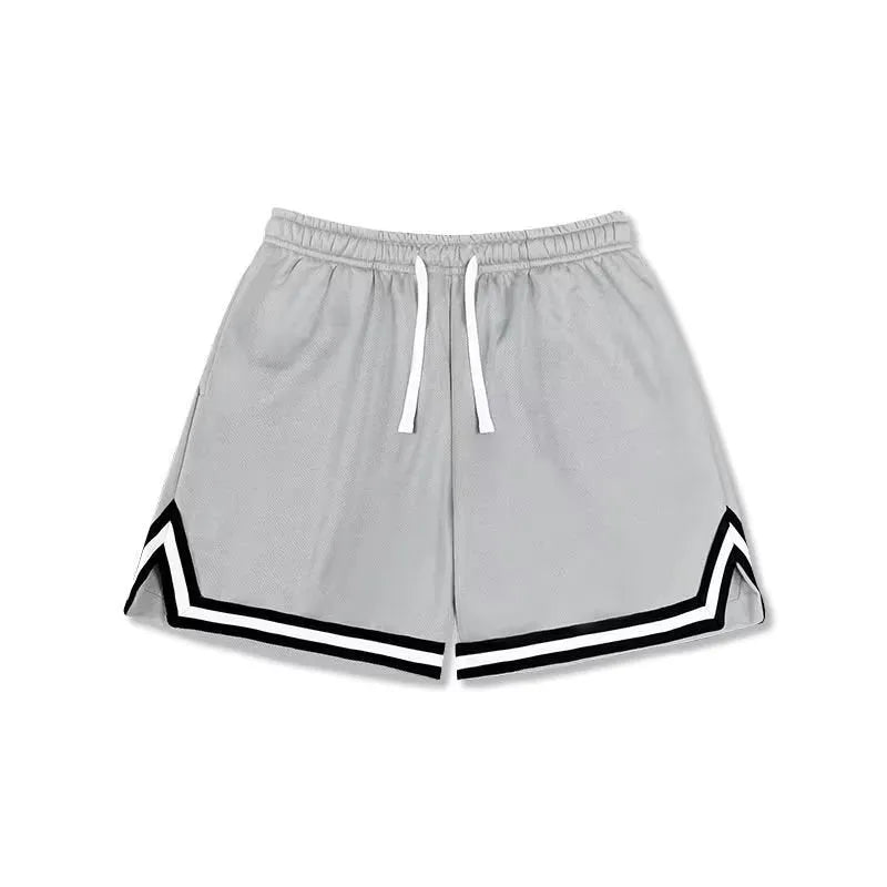 Men's polyester summer shorts in loose fit design available in multiple colours including apricot, blue, and gray