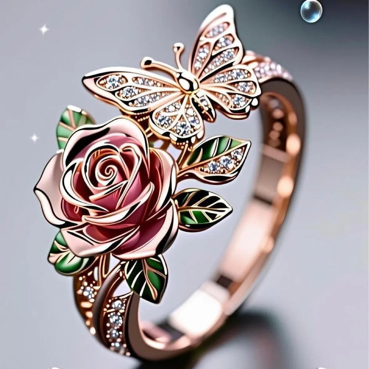 Adjustable fairy-style alloy ring with dripping oil treatment showing butterfly and floral motifs