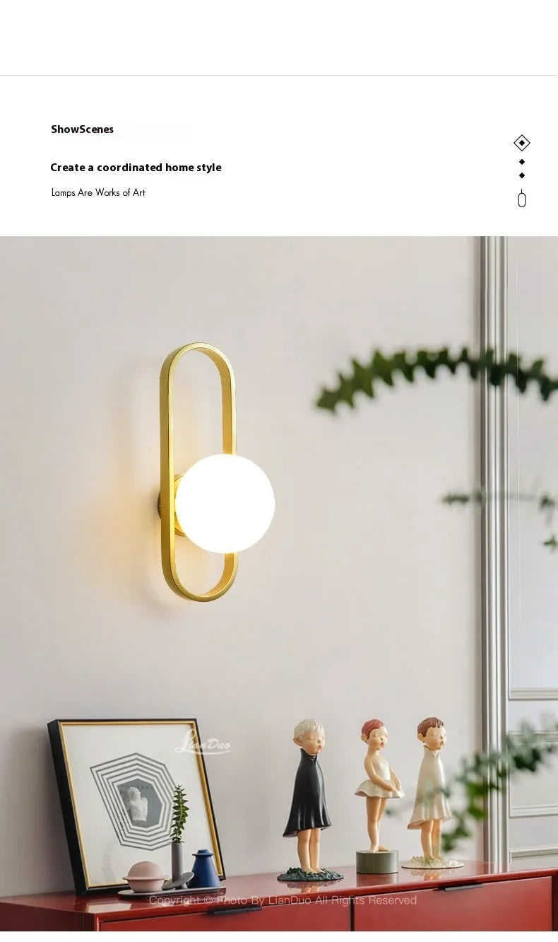 Minimalist wall lamp in black or gold with glass shade and iron body, showing 12W LED tri-colour lighting