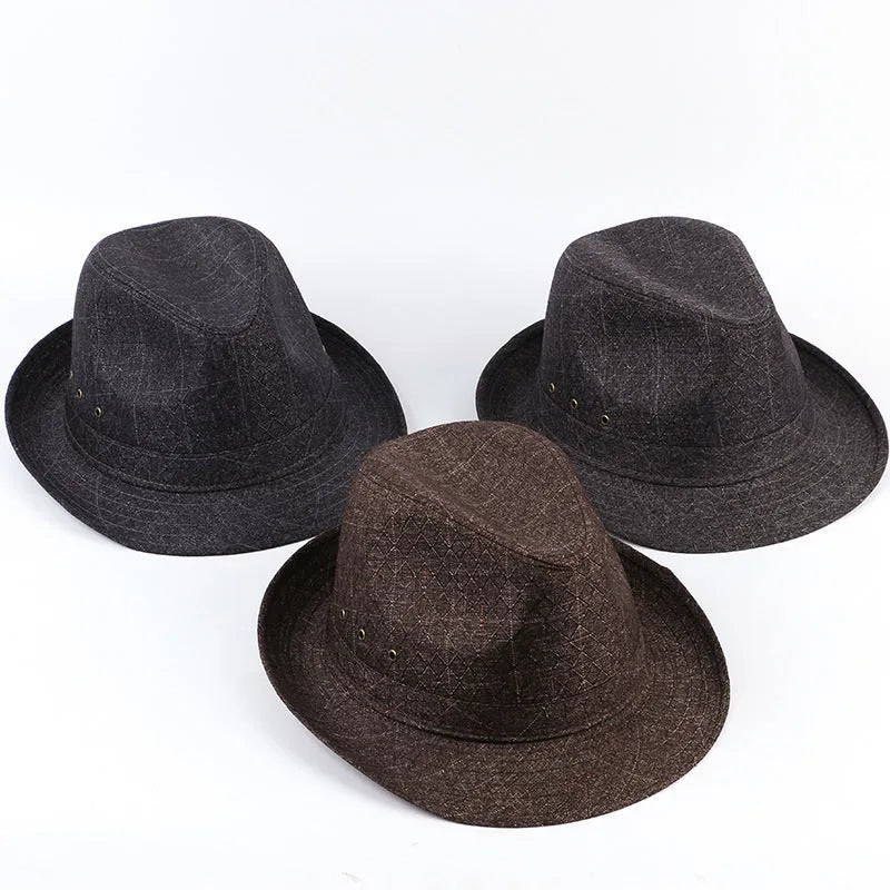 Structured fedora hat for men in thickened suit material, shown in classic colour options