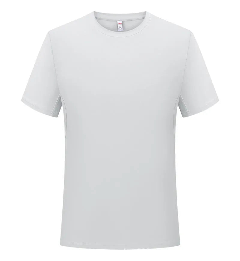 Men's loose fit solid colour polyester sports t-shirt on a hanger, shown in coral pink.