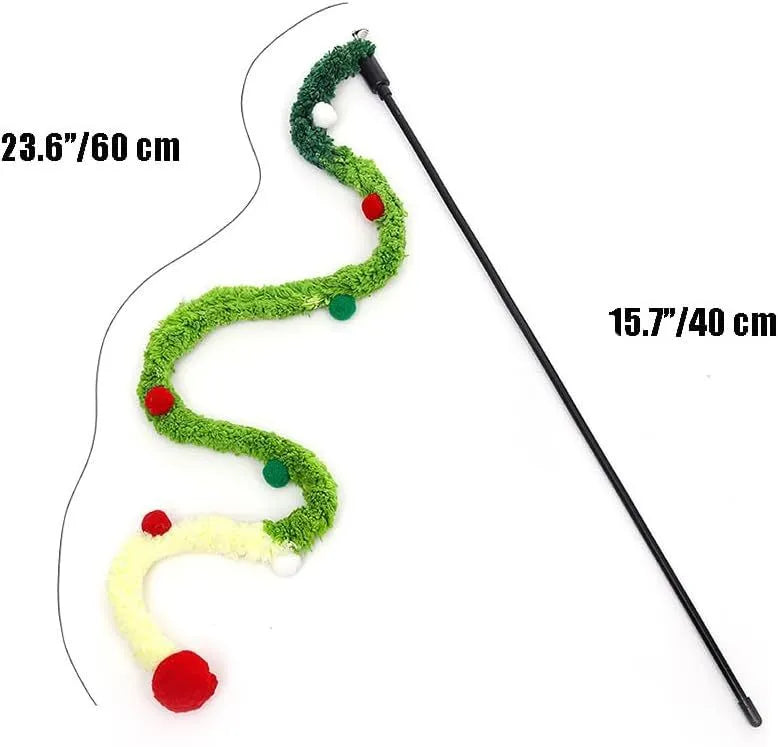 Cat wand toy with blue plush strip, colourful ball, and bells on a 41cm pole for interactive play