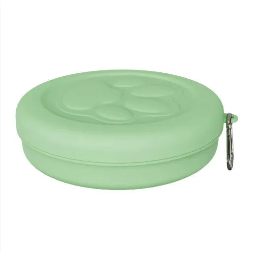 Portable dog food bowl with separate snack box and water compartment in light pink colour