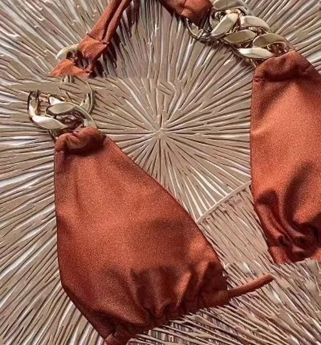 Brown women's tube-top bikini with adjustable halter neck and removable push-up padding