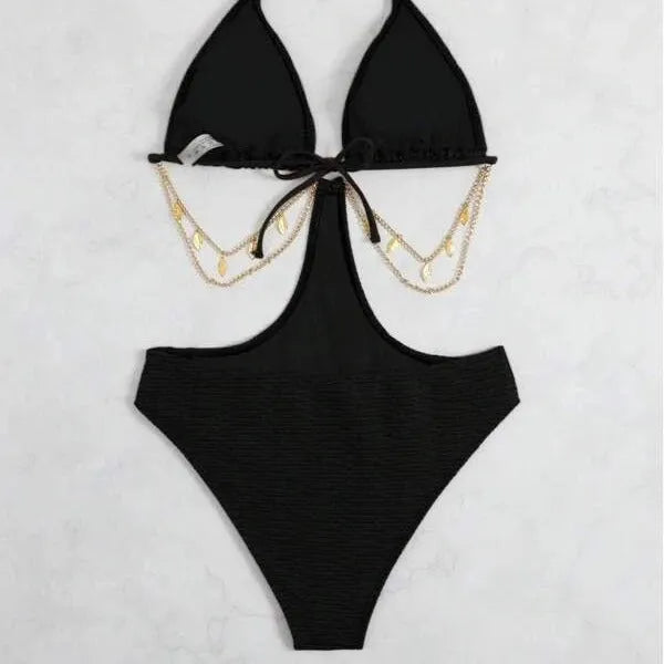 Women's black chain bikini swimsuit with sleeveless design and decorative chain detailing