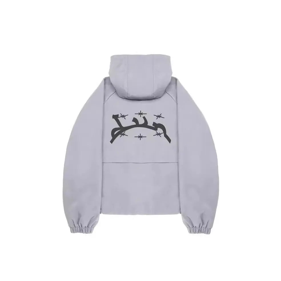A grey men's hooded loose-fit casual jacket on a hanger.