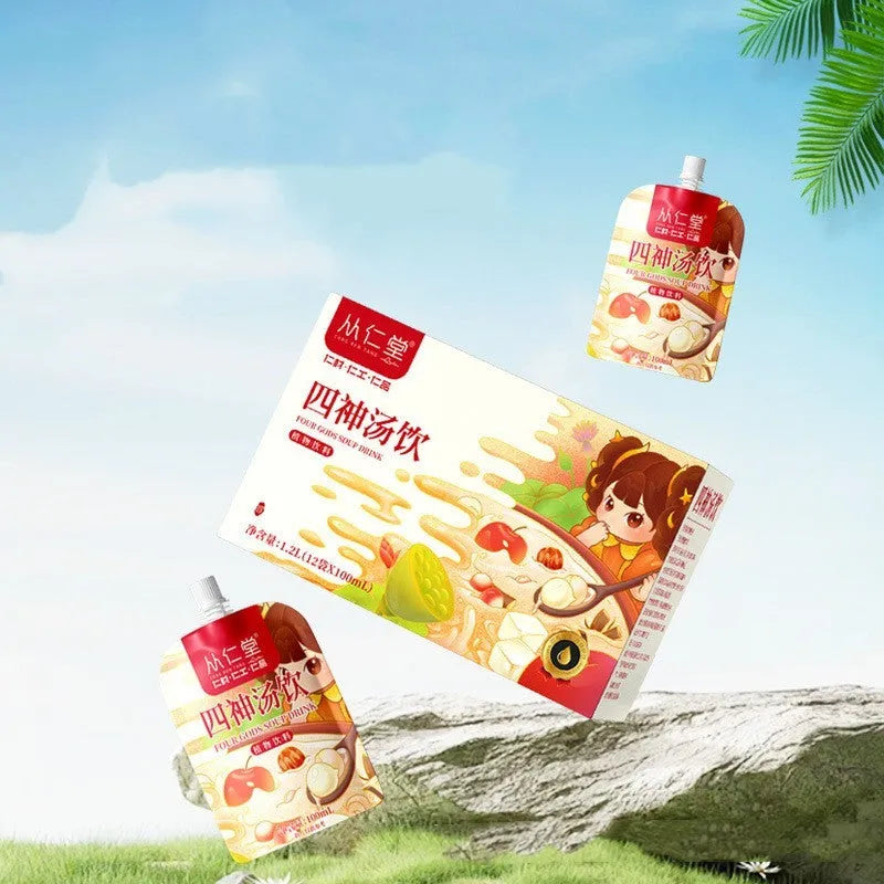 Box of children's spleen and stomach strengthening herbal tea with 12 individual 100ml bags containing lotus seed, poria, and yam ingredients