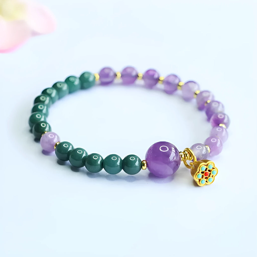 Hand-woven blue water jade and amethyst beaded bracelet, 6-10mm beads, Emerald Crystal style