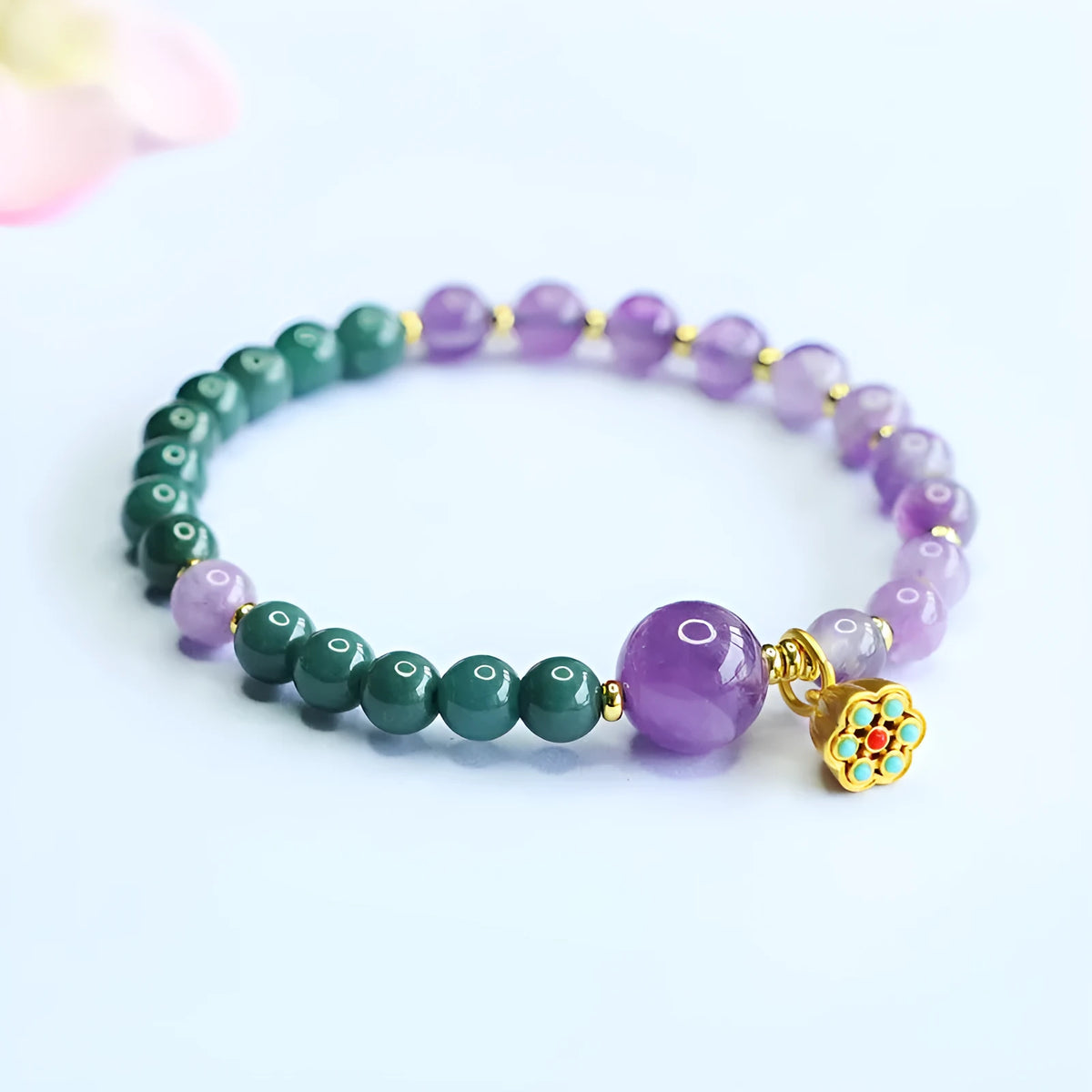 Hand-woven blue water jade and amethyst beaded bracelet, 6-10mm beads, Emerald Crystal style