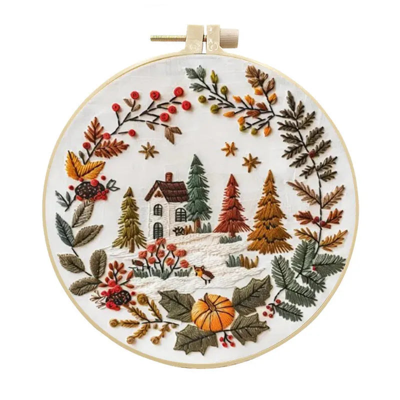 15cm winter house embroidery kit with cotton-linen fabric, bamboo frame, scissors, ripper and threader tools