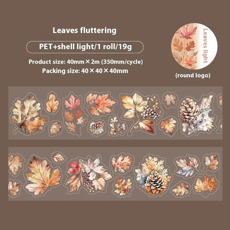 Deciduous Poetry DIY decorative stickers roll showing six nature designs including ginkgo leaves and maple leaves on 40mm wide PET material