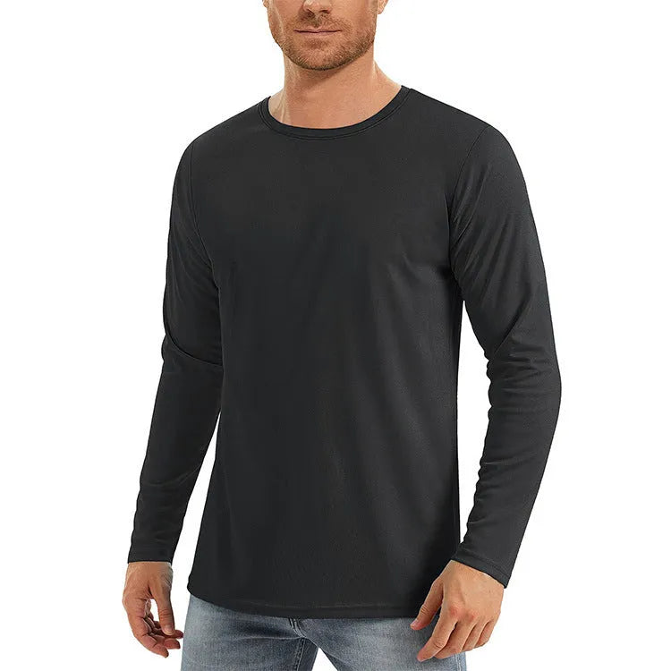 Men's solid colour long sleeve UV protection shirt in quick-dry polyester fabric on a hanger.