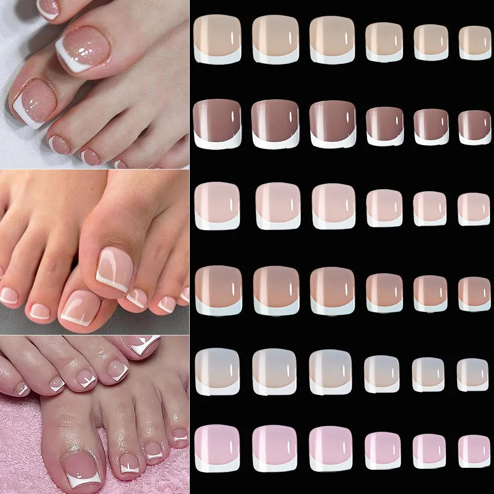 120 French white edge nude square short artificial toe nails in nine natural shades