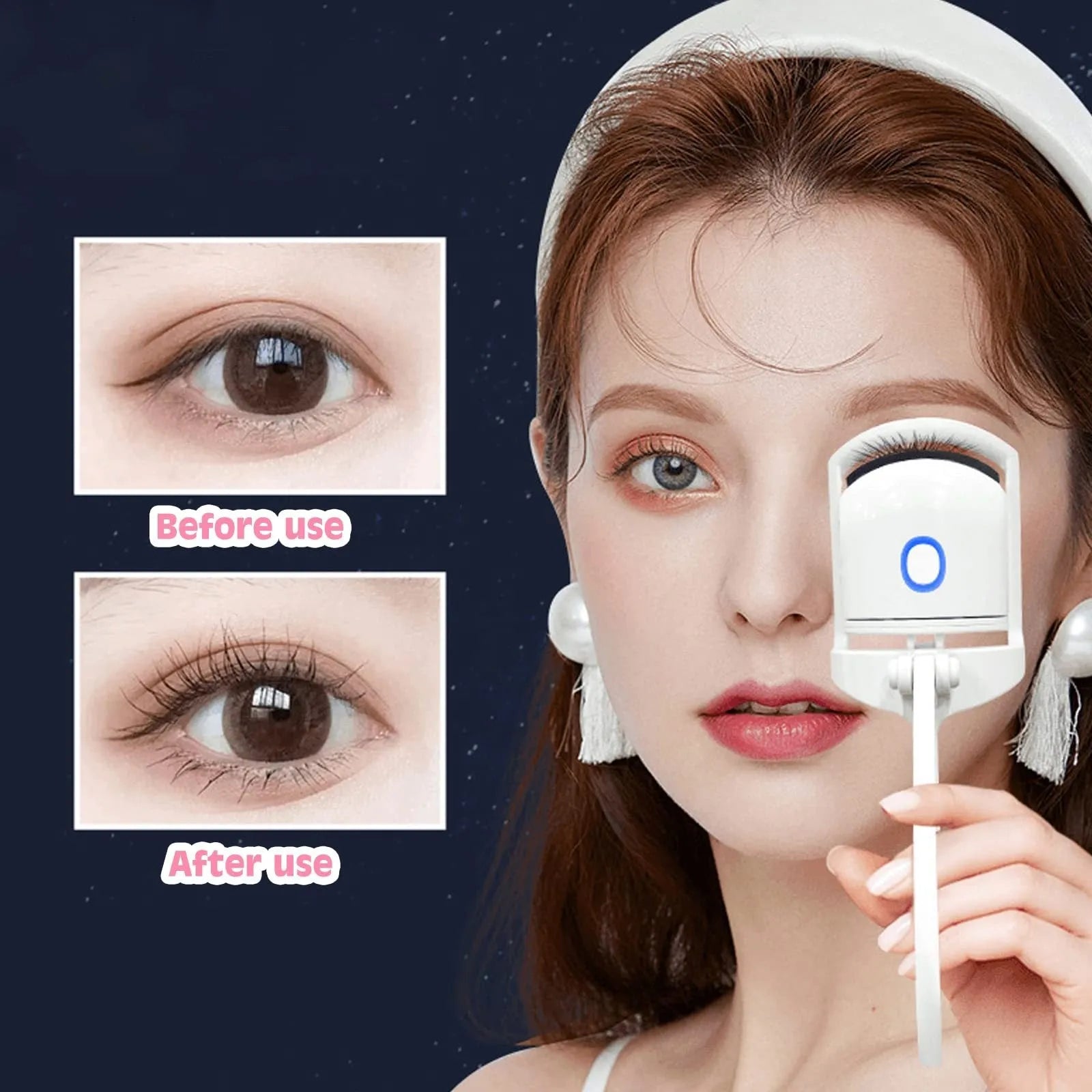 Pink and white USB rechargeable heated eyelash curler with temperature control buttons.