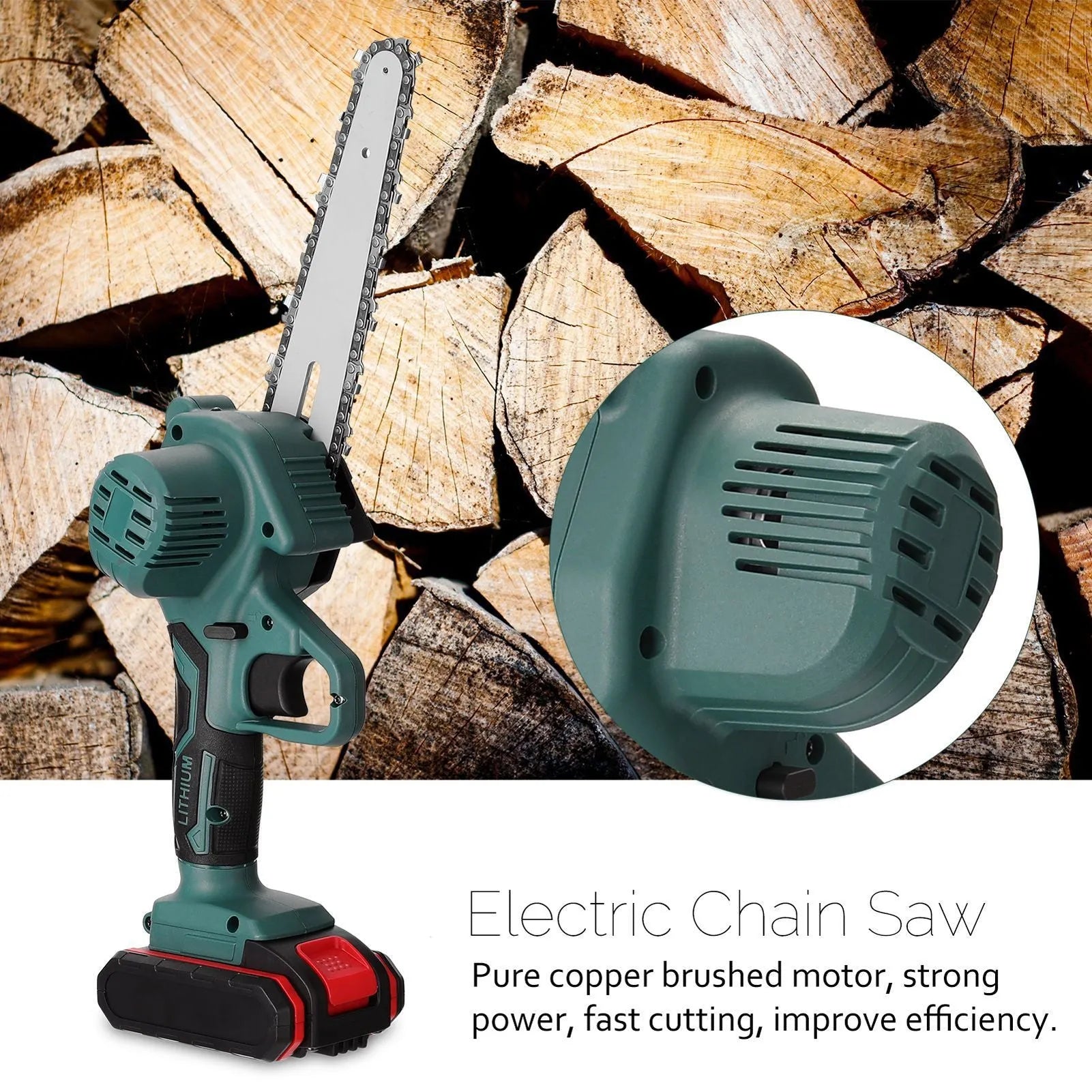Small black electric chainsaw with 4-inch guide, showing lightweight one-hand design for cutting branches and logs