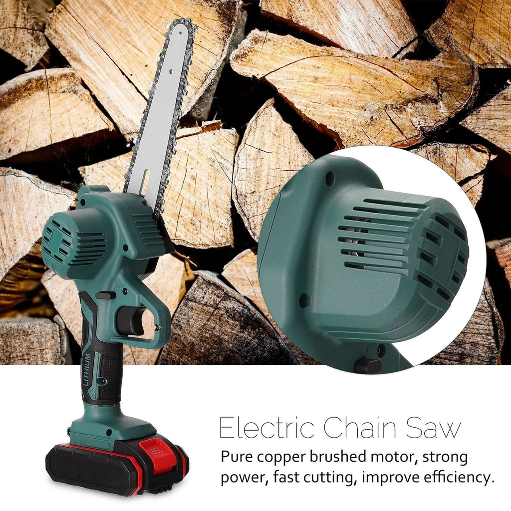 Black mini electric chainsaw with 4-inch guide, lithium battery, and 550W motor for cutting 100mm wood