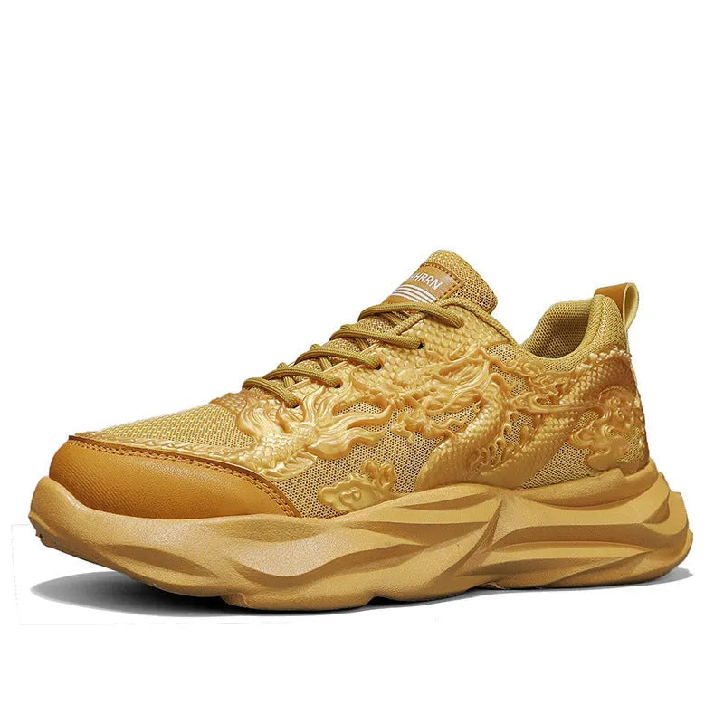 Men's casual fly knit sneakers in a Chinese dragon colour design on a rubber sole.