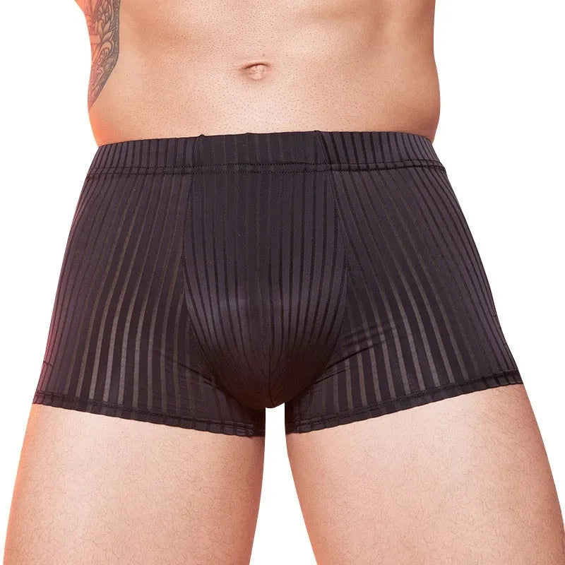 Men's striped nylon underwear in thin transparent fabric showing black, white, and dark grey colour options