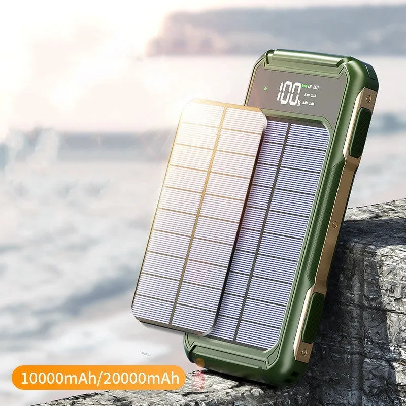 Military-grade mobile power bank in black, green, or orange with 10000mAh or 20000mAh capacity and compact size