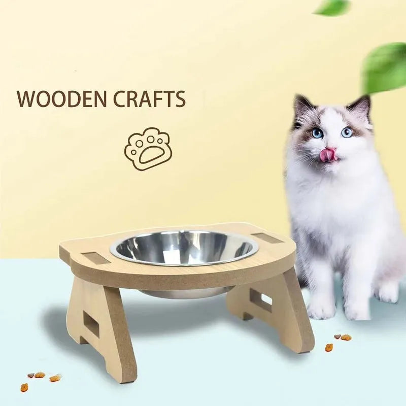 Wooden cat bowl feeder with two stainless steel compartments for food and water