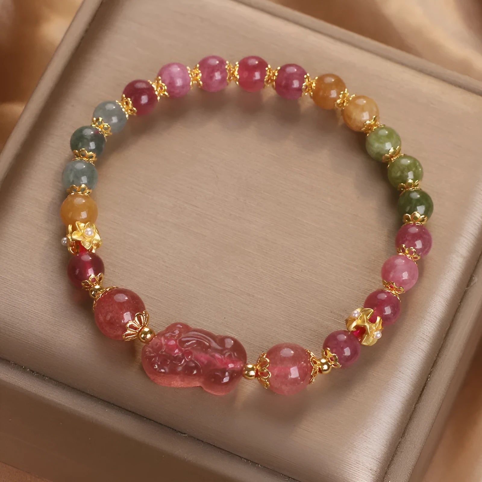 Candy colour tourmaline strawberry quartz Pi Xiu bracelet for women with 17cm length