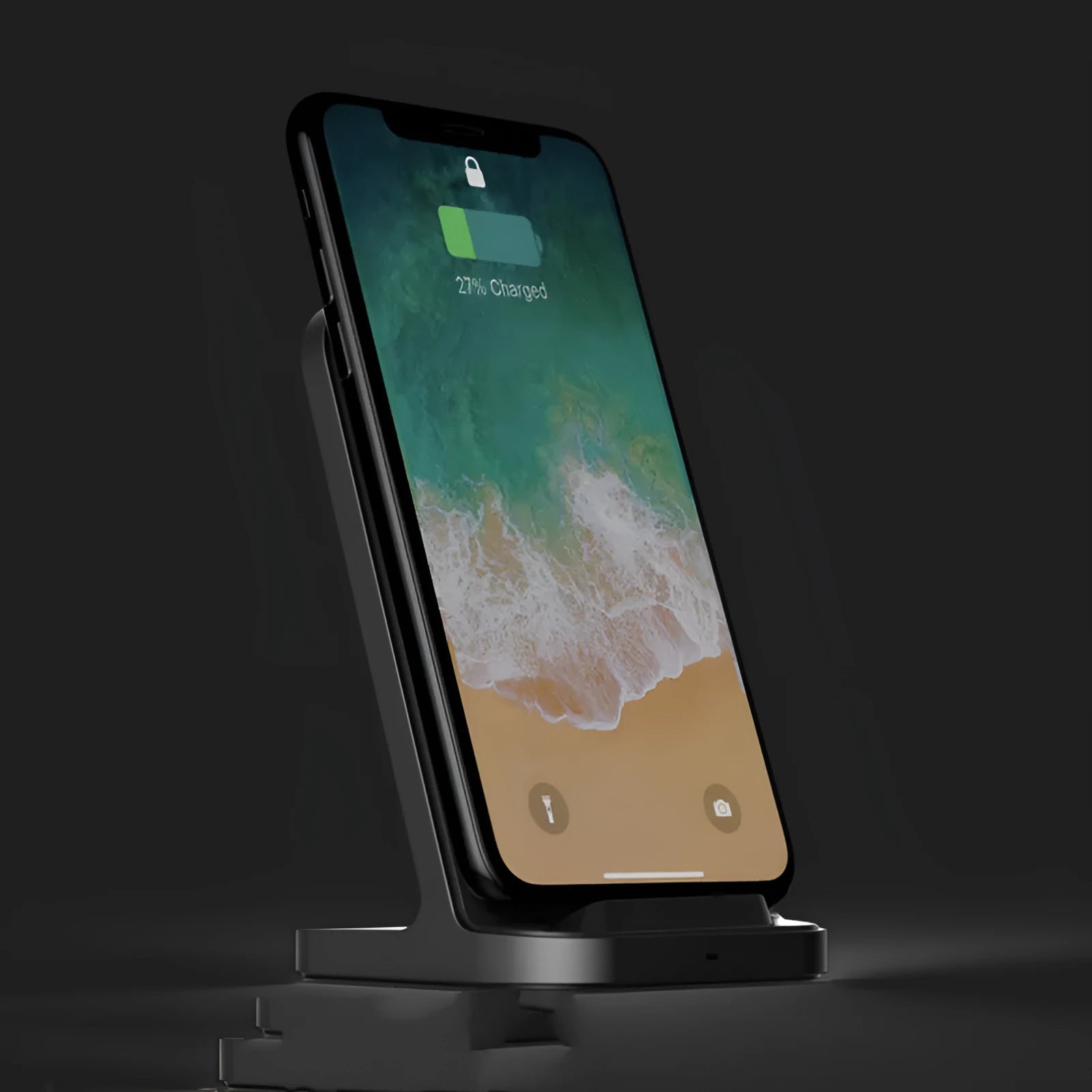 Dark grey vertical wireless charger stand for Apple iPhones measuring 70mm square