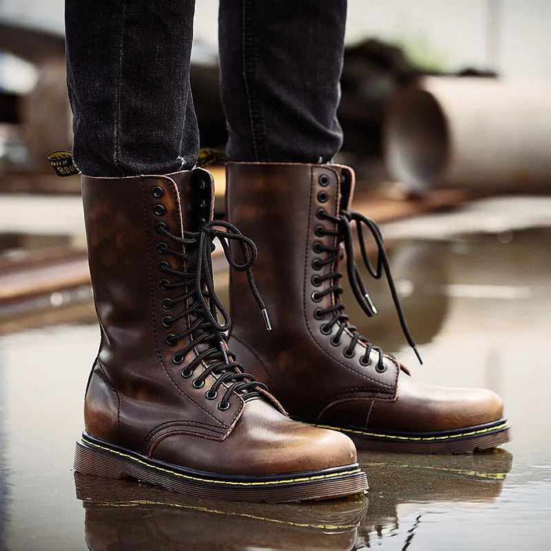 Men's black leather lace-up high-top casual shoes with a round toe, shown on a white background.