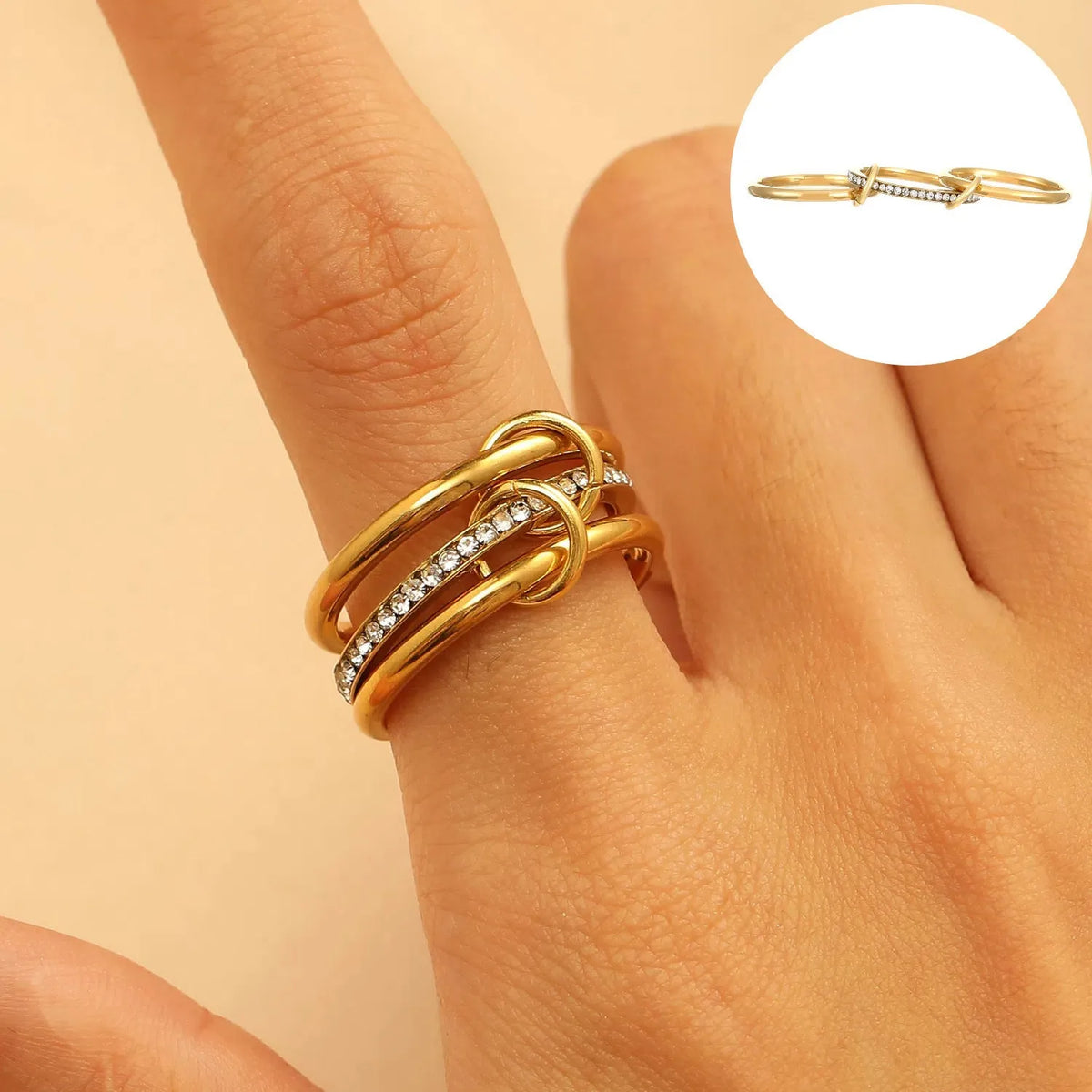 Multi-layer contrast colour stacked ring in stainless steel, women's style, sizes 5 to 11, gold and steel colour options