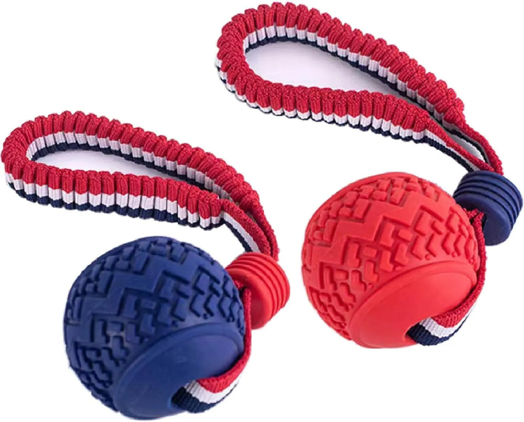 Blue dog ball with rope toy showing 6.5cm rubber ball and 29cm rope for dental cleaning and tugging games