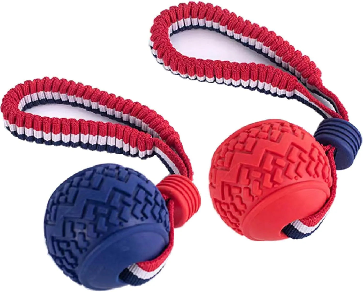 Blue dog ball with rope toy showing 6.5cm rubber ball and 29cm rope for dental cleaning and tugging games